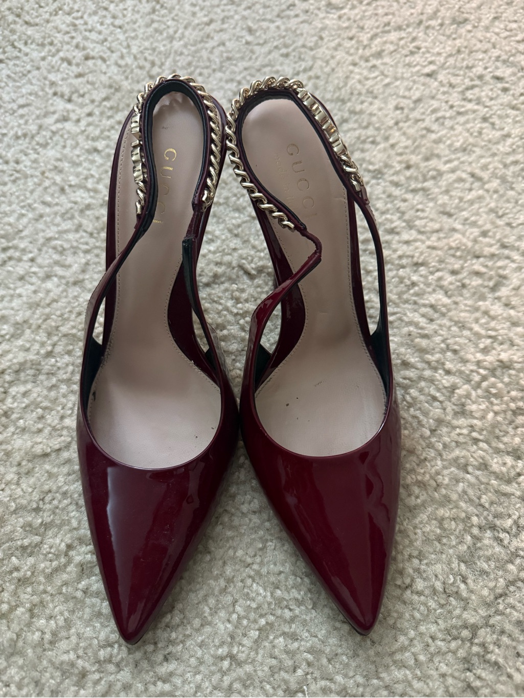 Gucci Burgundy Patent Slingback Pumps With Gold Chain Trim